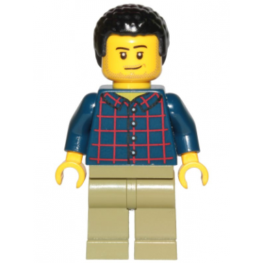 dad - dark blue plaid button shirt olive green legs black hair male with coiled texture