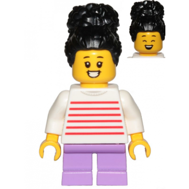 child - girl white sweater with red horizontal stripes medium lavender short legs black coiled hair with bun