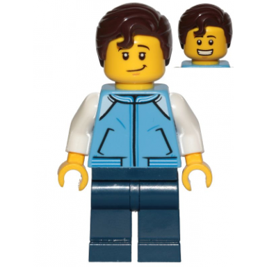 teenage boy medium blue jacket dark blue legs dark brown hair swept right with front curl