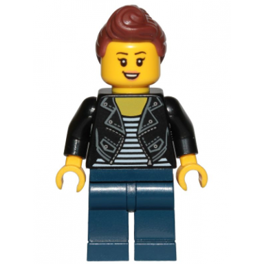 teenage girl black jacket and white shirt with black stripes dark blue legs reddish brown hair female ponytail and fringe