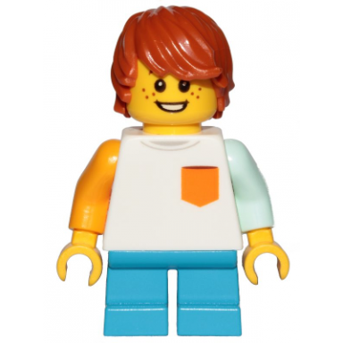 boy freckles white shirt with orange pocket dark azure short legs dark orange hair tousled with side part