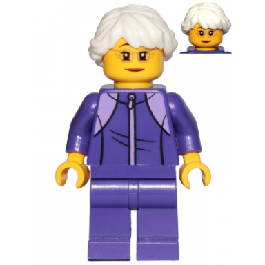 grandmother - dark purple tracksuit white hair glasses