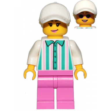 ice cream vendor - female white shirt with dark turquoise stripes dark pink legs white cap with bright light yellow ponytail hair sunglasses