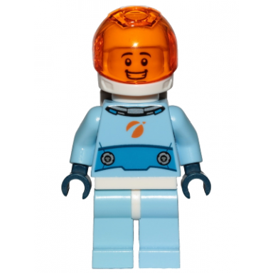 astronaut - male bright light blue spacesuit with blue belt trans-orange visor open mouth smile