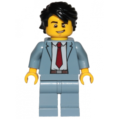 reporter - sand blue suit dark red tie black hair swept back tousled
