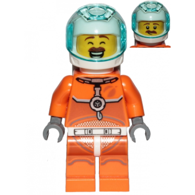 astronaut - male orange spacesuit with dark bluish gray lines trans-light blue visor large smile with eyes closed and smirk