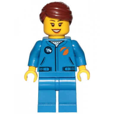 astronaut - female blue jumpsuit reddish brown hair swept back into bun open mouth smile