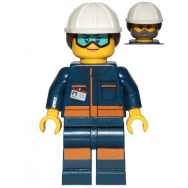 rocket engineer - female dark blue jumpsuit white construction helmet with dark brown ponytail hair light blue goggles and face covered with dirt
