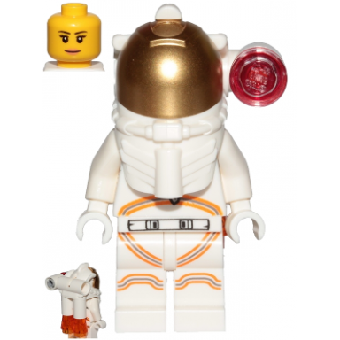 astronaut - female white spacesuit with orange lines side lamp smile