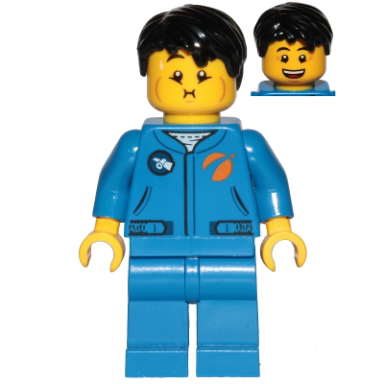 astronaut - male blue jumpsuit black hair short tousled with side part queasy and open mouth smile