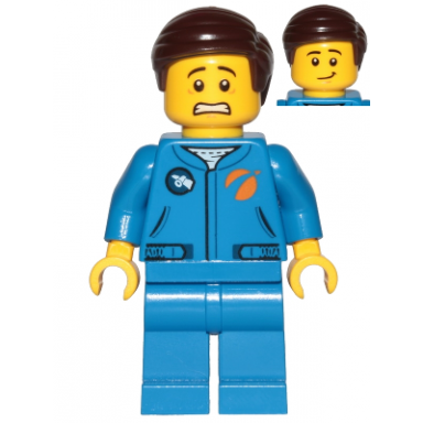 astronaut - male blue jumpsuit dark brown hair short combed sideways part left scared and lopsided smile
