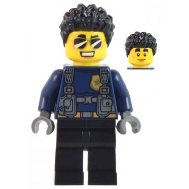 police officer - male dark blue shirt with harness black legs black coiled hair sunglasses duke detain
