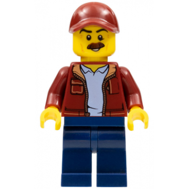 man dark red jacket with bright light blue shirt dark blue legs dark red cap with hole moustache taxi driver