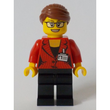 reporter - female red suit jacket with id badge black legs reddish brown hair swept back into bun glasses