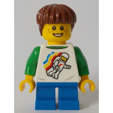 child - boy classic space shirt with minifigure floating and back print blue short legs reddish brown hair freckles
