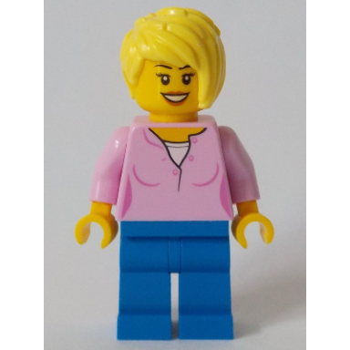 toy store owner - bright pink female top blue legs
