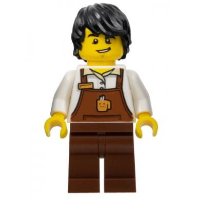 barista - male reddish brown apron with cup and name tag reddish brown legs black hair
