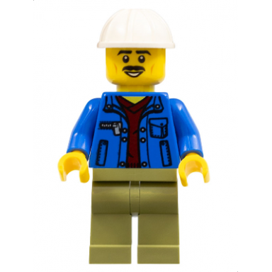 truck driver - blue jacket over dark red v-neck sweater olive green legs white construction helmet
