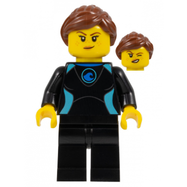 surfer - female black wetsuit with medium azure trim reddish brown hair