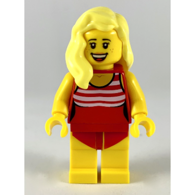 swimmer - female red swimsuit with white stripes bright light yellow hair