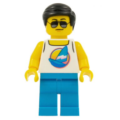 beach tourist - male white tank top with dark azure sailboat dark azure legs black hair short combed sideways part left