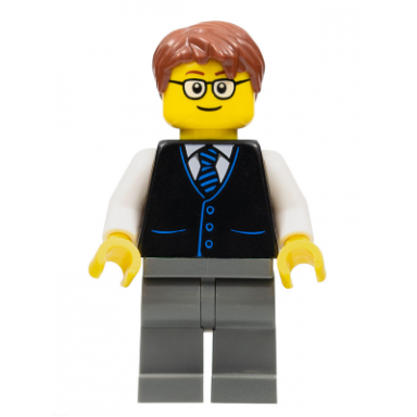 launch director - male black vest with blue striped tie dark bluish gray legs reddish brown short tousled hair glasses