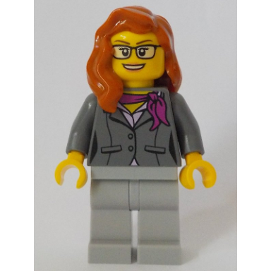 scientist - female dark bluish gray jacket with magenta scarf dark orange female hair over shoulder glasses