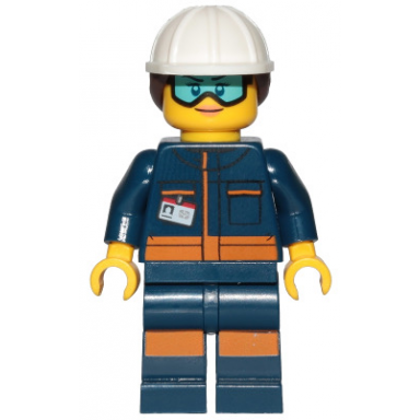 ground crew technician - female dark blue jumpsuit white construction helmet with dark brown ponytail hair light blue goggles