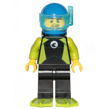 diver - male black wetsuit with white logo and lime trim and flippers blue helmet and air tanks