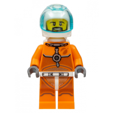 astronaut - male orange spacesuit with dark bluish gray lines trans-light blue visor black angular beard