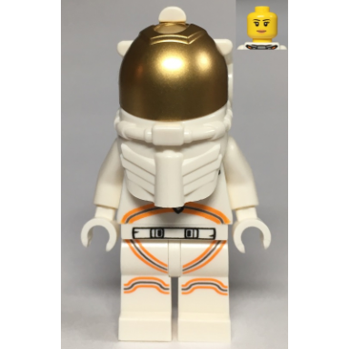 astronaut - female white spacesuit with orange lines closed mouth smile