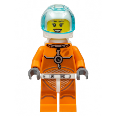 astronaut - female orange spacesuit with dark bluish gray lines trans-light blue visor open mouth smile