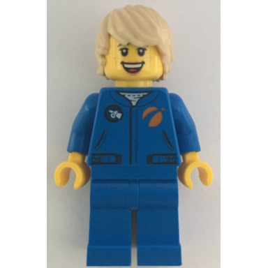astronaut - female blue jumpsuit tan hair tousled with side part freckles open mouth smile