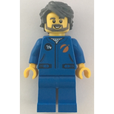 astronaut - male blue jumpsuit dark bluish gray hair and full angular beard open mouth smile