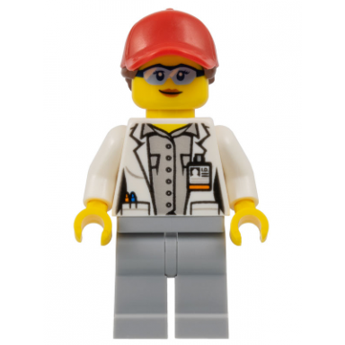 scientist - female red cap with ponytail hair blue goggles and light bluish gray legs