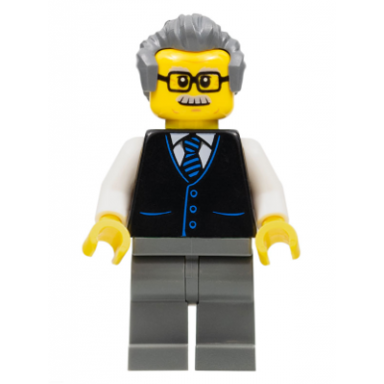 launch director - male black vest with blue striped tie dark bluish gray legs dark bluish gray hair glasses and moustache