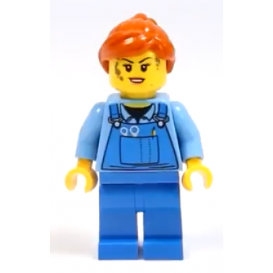 mechanic female medium blue shirt and blue overalls dark orange ponytail