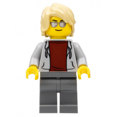 sports car driver light bluish gray hoodie with dark red shirt tan hair swept back tousled