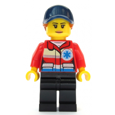 ski patrol member - female red jacket dark blue cap ponytail