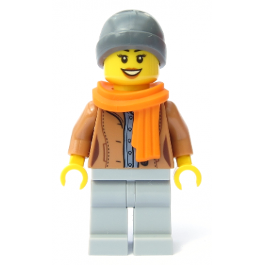customer - female medium nougat jacket light bluish gray legs dark bluish gray beanie orange scarf