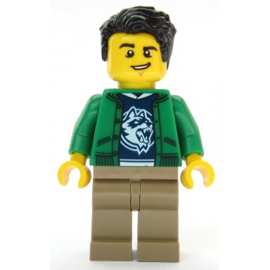 ski shop clerk - male green jacket over raccoon shirt black hair