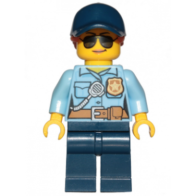 police - city officer female bright light blue shirt with badge and radio dark blue legs dark blue cap with dark orange ponytail sunglasses