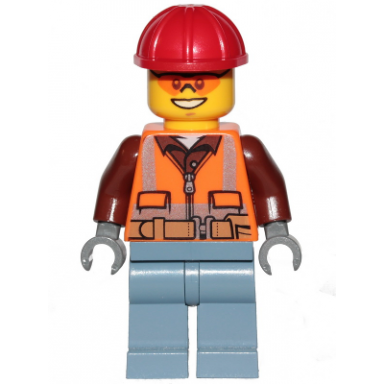 lumberjack - male orange safety vest reflective stripes reddish brown shirt sand blue legs red construction helmet orange safety glasses