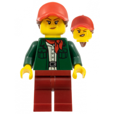 safari tourist - female dark green jacket dark red legs red ball cap with reddish brown ponytail