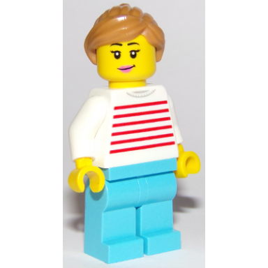 automobile buyer - female white sweater with red horizontal stripes medium azure legs medium nougat hair with ponytail sunglasses
