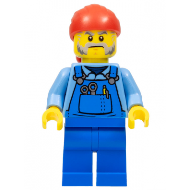 tow truck driver - male blue overalls over medium blue shirt blue legs red bandana beard back print