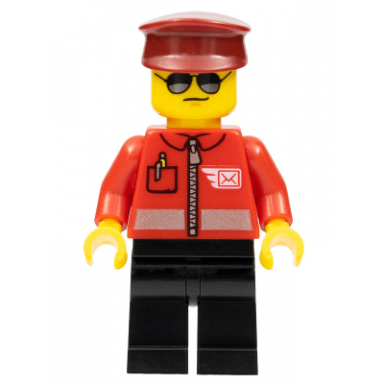 post office - airmail letter logo and red jacket with zipper dark red hat black legs sunglasses
