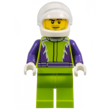 monster truck driver lime legs and jacket with purple flames and arms white helmet
