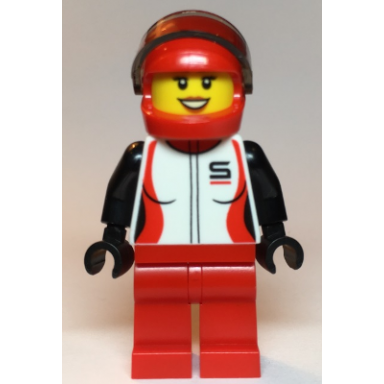 race car driver female red and white racing jacket red helmet and legs