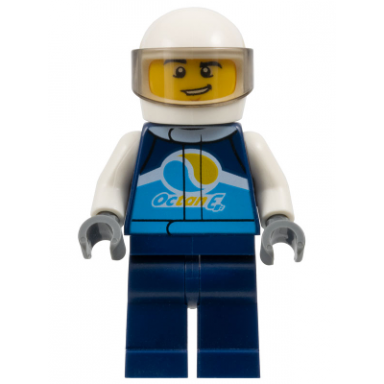 race car driver male dark blue octan e racing jacket and legs white helmet